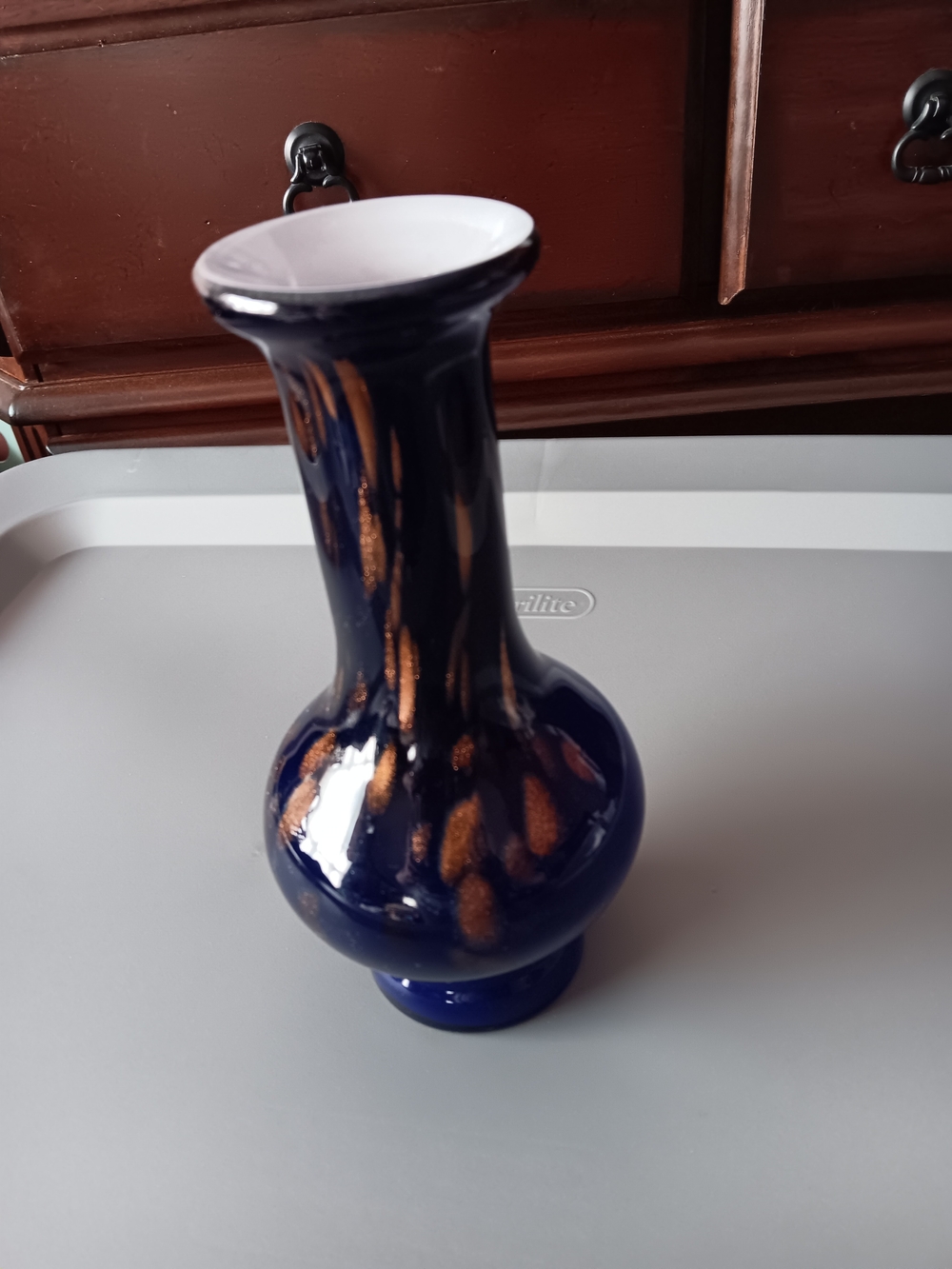 Cobalt Blue Ceramic Bud Vase with Copper Accents